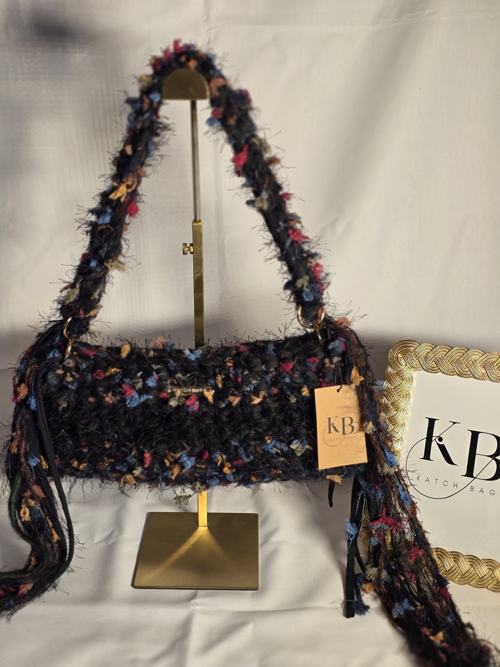 Hand Crafted Crochet Black Bouclé Shoulder Bag with Multicolor Flecks
